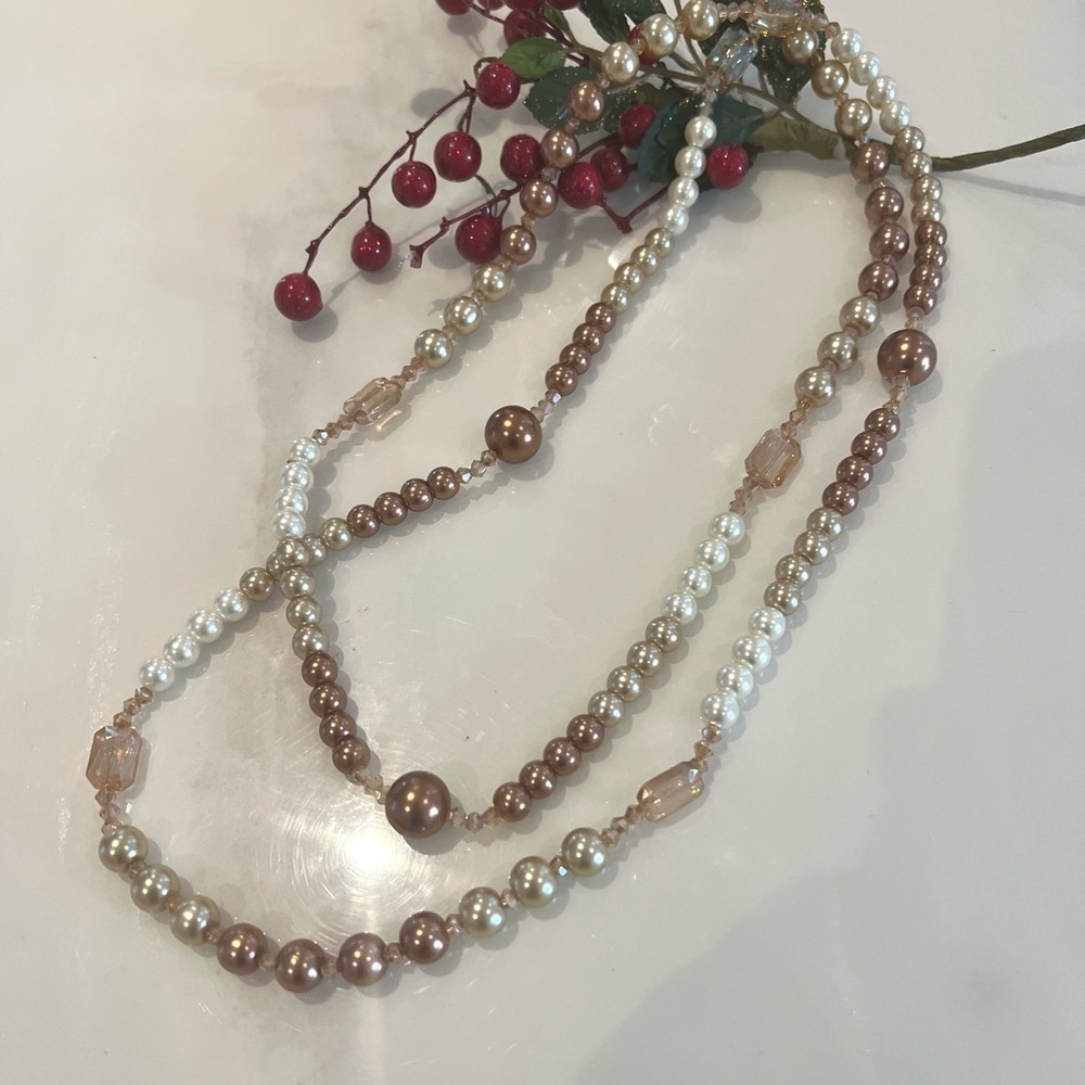 White,champagne,bronze fusion long pearl necklace.